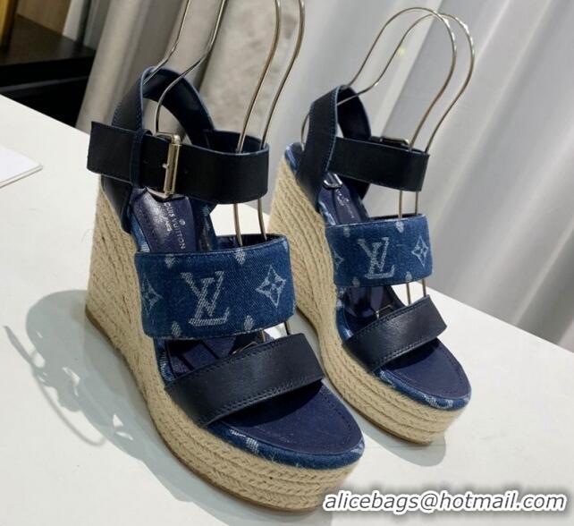 Purchase Louis Vuitton Starboard Wedge Sandals 10cm in Denim and Leather Blue 0320107