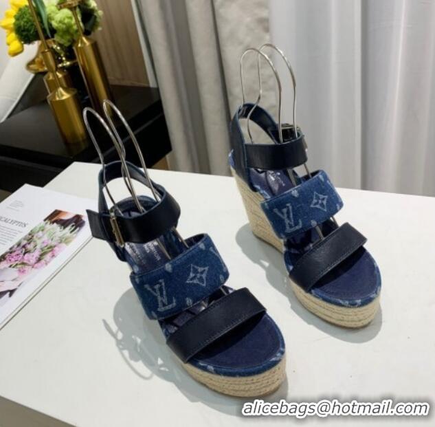 Purchase Louis Vuitton Starboard Wedge Sandals 10cm in Denim and Leather Blue 0320107