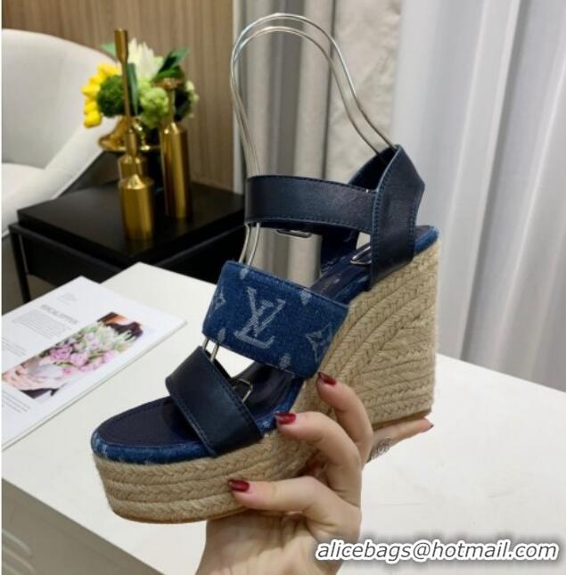 Purchase Louis Vuitton Starboard Wedge Sandals 10cm in Denim and Leather Blue 0320107