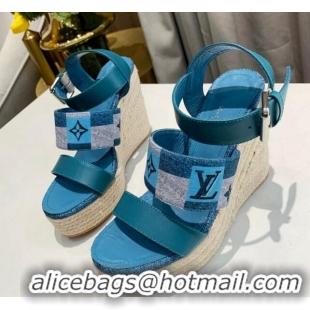 Good Quality Louis Vuitton Starboard Wedge Sandals 10cm in Jacquard and Leather Blue 0320108