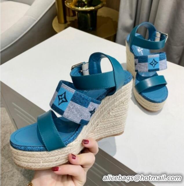 Good Quality Louis Vuitton Starboard Wedge Sandals 10cm in Jacquard and Leather Blue 0320108