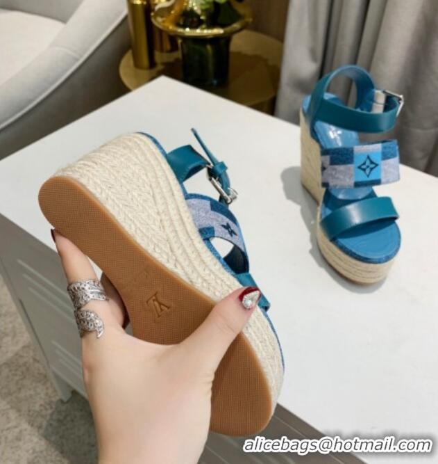 Good Quality Louis Vuitton Starboard Wedge Sandals 10cm in Jacquard and Leather Blue 0320108