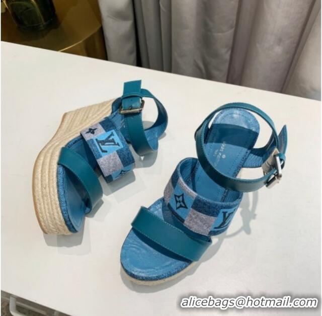 Good Quality Louis Vuitton Starboard Wedge Sandals 10cm in Jacquard and Leather Blue 0320108