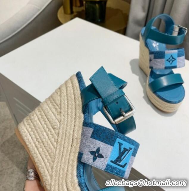 Good Quality Louis Vuitton Starboard Wedge Sandals 10cm in Jacquard and Leather Blue 0320108