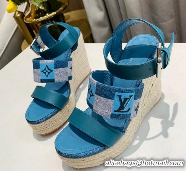 Good Quality Louis Vuitton Starboard Wedge Sandals 10cm in Jacquard and Leather Blue 0320108