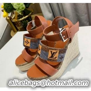 Perfect Louis Vuitton Starboard Wedge Sandals 10cm in Jacquard and Leather Brown 0320109