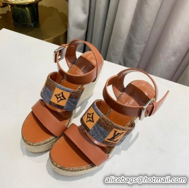 Perfect Louis Vuitton Starboard Wedge Sandals 10cm in Jacquard and Leather Brown 0320109