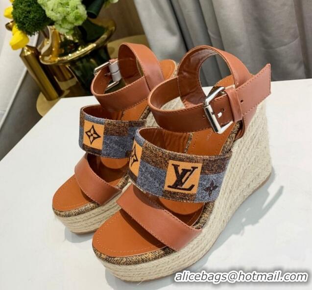 Perfect Louis Vuitton Starboard Wedge Sandals 10cm in Jacquard and Leather Brown 0320109