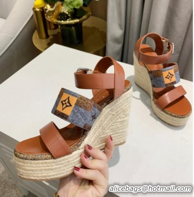 Perfect Louis Vuitton Starboard Wedge Sandals 10cm in Jacquard and Leather Brown 0320109