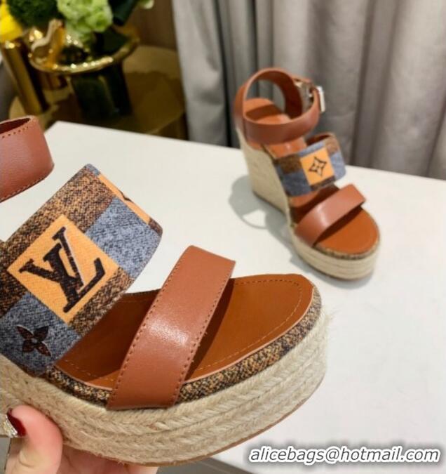 Perfect Louis Vuitton Starboard Wedge Sandals 10cm in Jacquard and Leather Brown 0320109