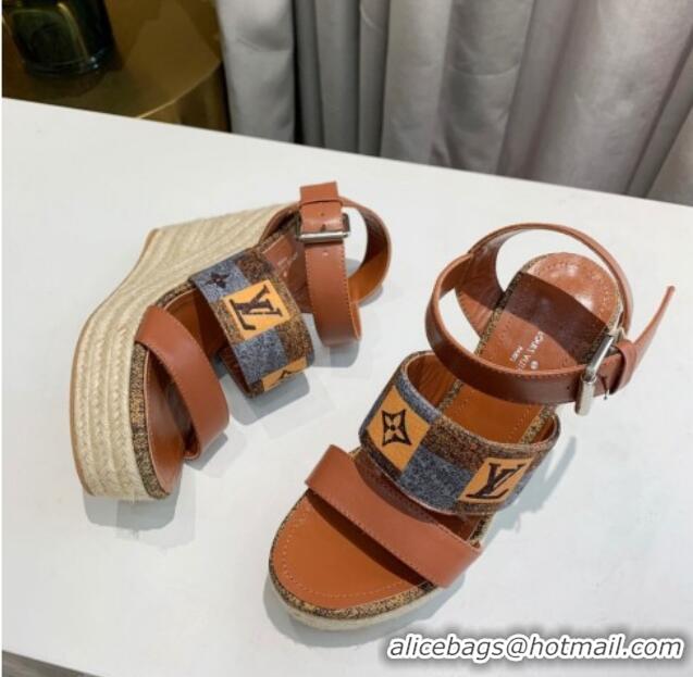 Perfect Louis Vuitton Starboard Wedge Sandals 10cm in Jacquard and Leather Brown 0320109