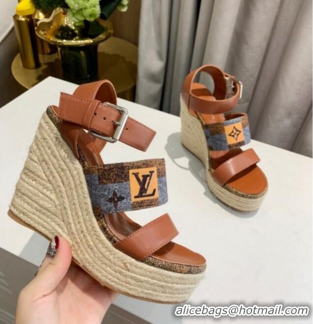 Perfect Louis Vuitton Starboard Wedge Sandals 10cm in Jacquard and Leather Brown 0320109