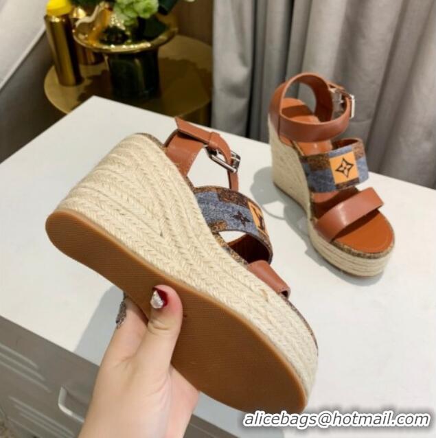 Perfect Louis Vuitton Starboard Wedge Sandals 10cm in Jacquard and Leather Brown 0320109