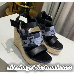 Shop Duplicate Louis Vuitton Starboard Wedge Sandals 10cm in Jacquard and Leather Black 0320110