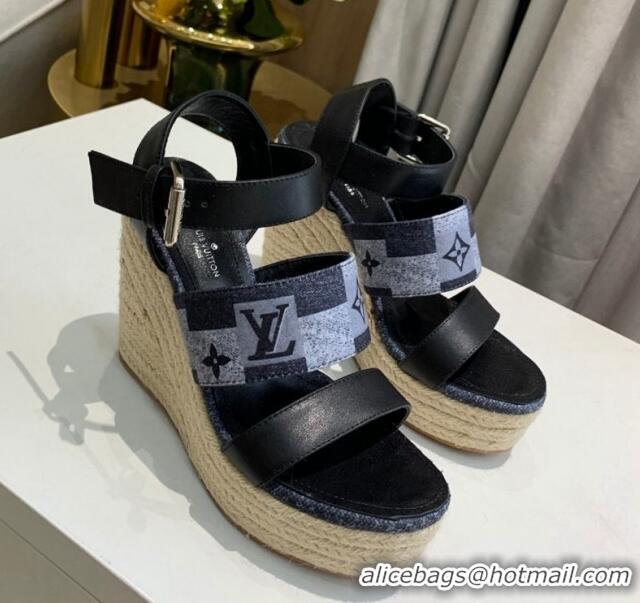 Shop Duplicate Louis Vuitton Starboard Wedge Sandals 10cm in Jacquard and Leather Black 0320110