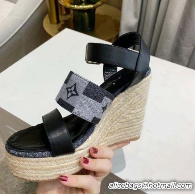 Shop Duplicate Louis Vuitton Starboard Wedge Sandals 10cm in Jacquard and Leather Black 0320110