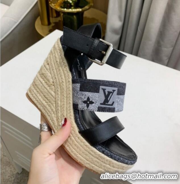 Shop Duplicate Louis Vuitton Starboard Wedge Sandals 10cm in Jacquard and Leather Black 0320110