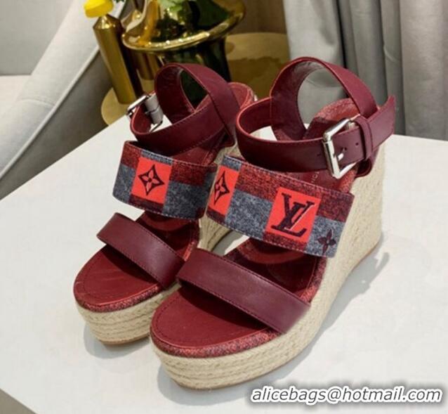 Classic Hot Louis Vuitton Starboard Wedge Sandals 10cm in Jacquard and Leather Burgundy 40320111