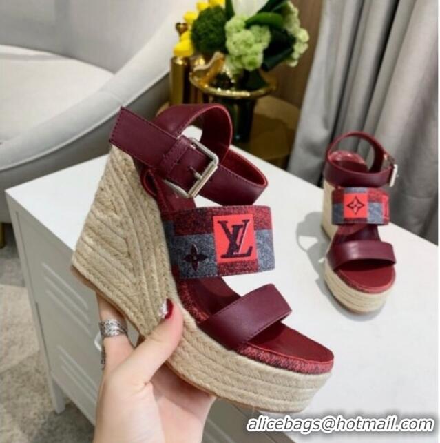 Classic Hot Louis Vuitton Starboard Wedge Sandals 10cm in Jacquard and Leather Burgundy 40320111