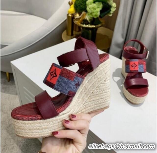 Classic Hot Louis Vuitton Starboard Wedge Sandals 10cm in Jacquard and Leather Burgundy 40320111