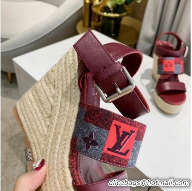 Classic Hot Louis Vuitton Starboard Wedge Sandals 10cm in Jacquard and Leather Burgundy 40320111