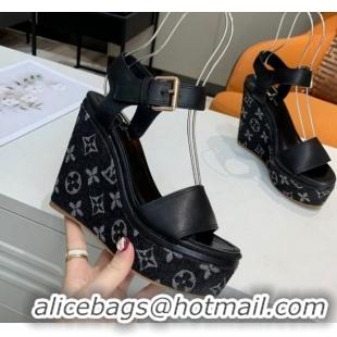 Best Grade Louis Vuitton Starboard Wedge Sandals 10cm in Monogram Denim and Leather Black 0320112