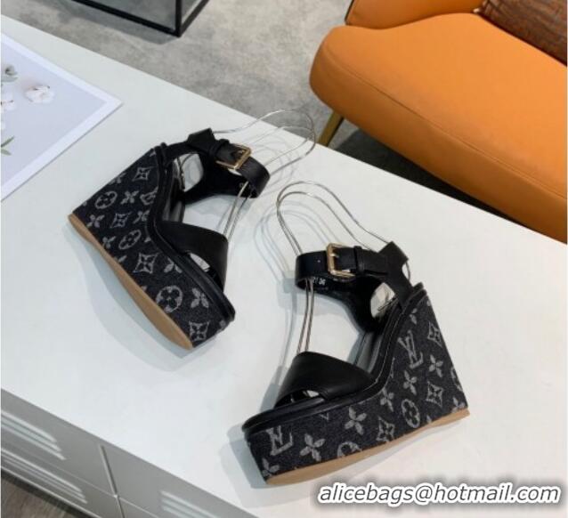 Best Grade Louis Vuitton Starboard Wedge Sandals 10cm in Monogram Denim and Leather Black 0320112