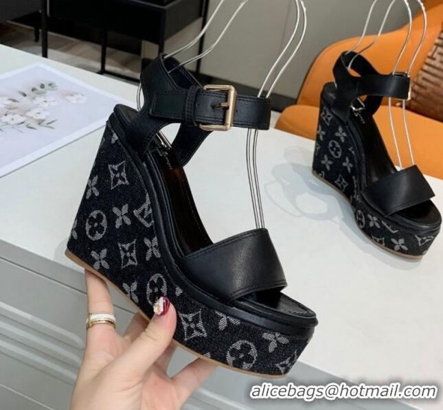 Best Grade Louis Vuitton Starboard Wedge Sandals 10cm in Monogram Denim and Leather Black 0320112