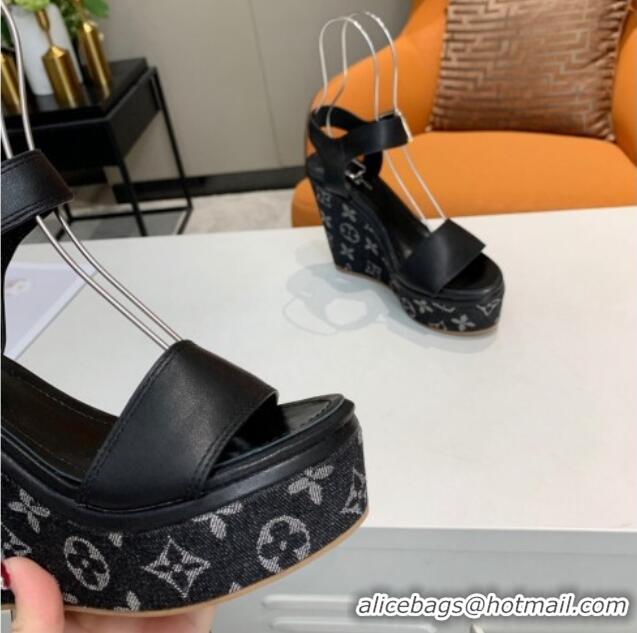 Best Grade Louis Vuitton Starboard Wedge Sandals 10cm in Monogram Denim and Leather Black 0320112