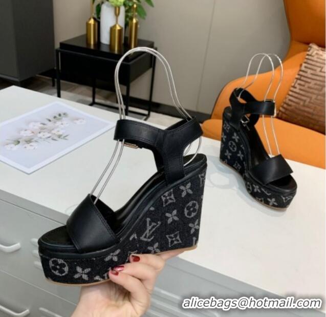 Best Grade Louis Vuitton Starboard Wedge Sandals 10cm in Monogram Denim and Leather Black 0320112