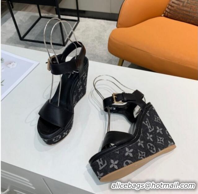 Best Grade Louis Vuitton Starboard Wedge Sandals 10cm in Monogram Denim and Leather Black 0320112