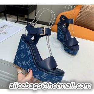 Luxury Louis Vuitton Starboard Wedge Sandals 10cm in Monogram Denim and Leather Blue 0320113