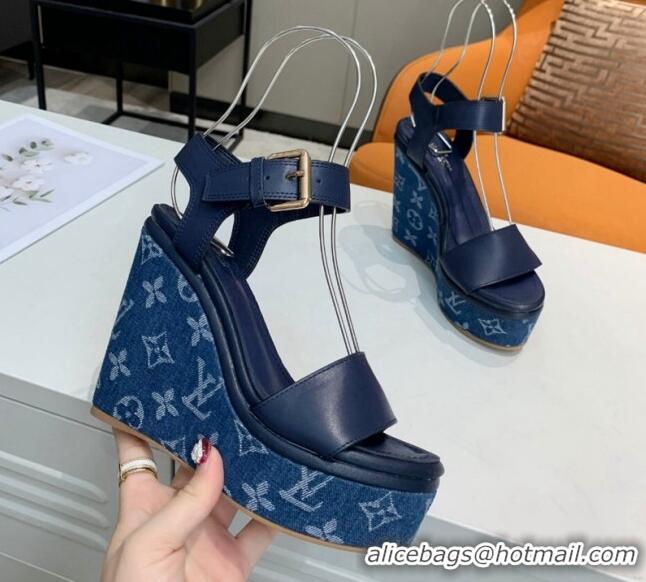 Luxury Louis Vuitton Starboard Wedge Sandals 10cm in Monogram Denim and Leather Blue 0320113