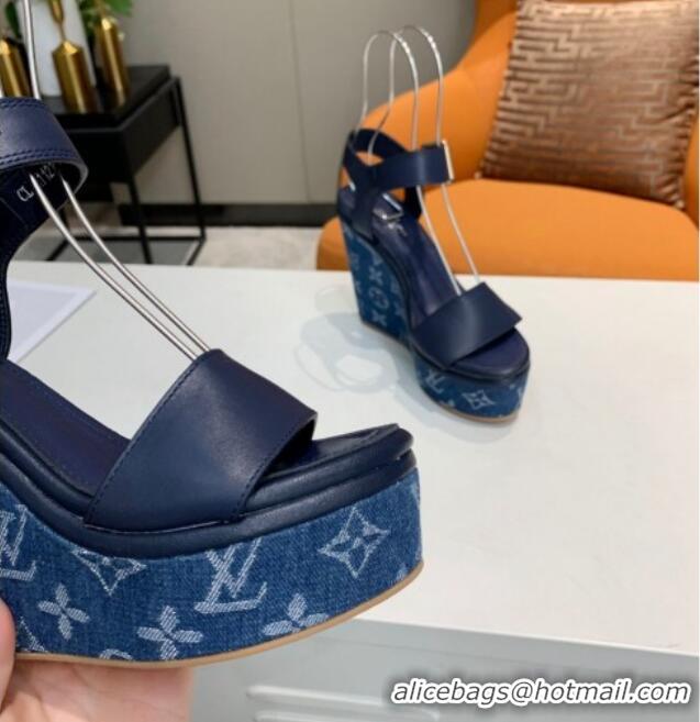 Luxury Louis Vuitton Starboard Wedge Sandals 10cm in Monogram Denim and Leather Blue 0320113