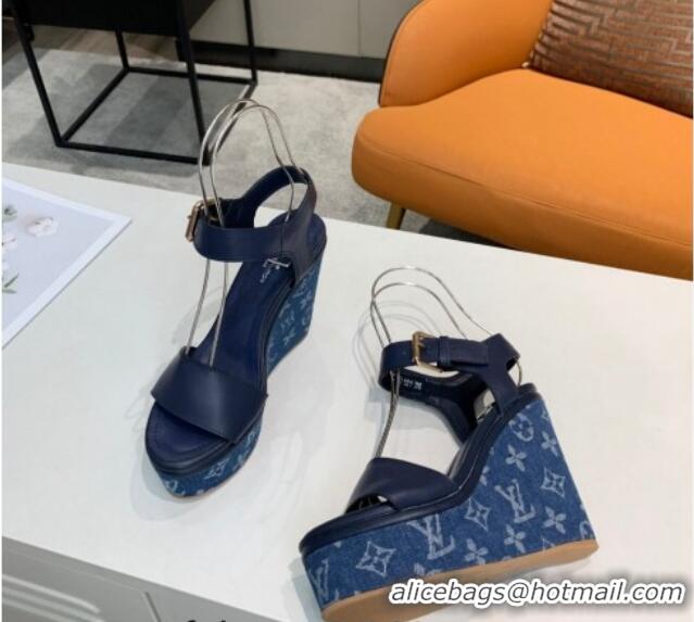 Luxury Louis Vuitton Starboard Wedge Sandals 10cm in Monogram Denim and Leather Blue 0320113