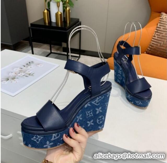 Luxury Louis Vuitton Starboard Wedge Sandals 10cm in Monogram Denim and Leather Blue 0320113