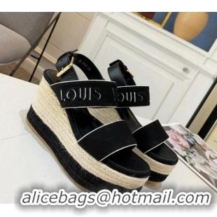 Unique Style Louis Vuitton Starboard Wedge Sandals 10cm in Canvas Black 0320114