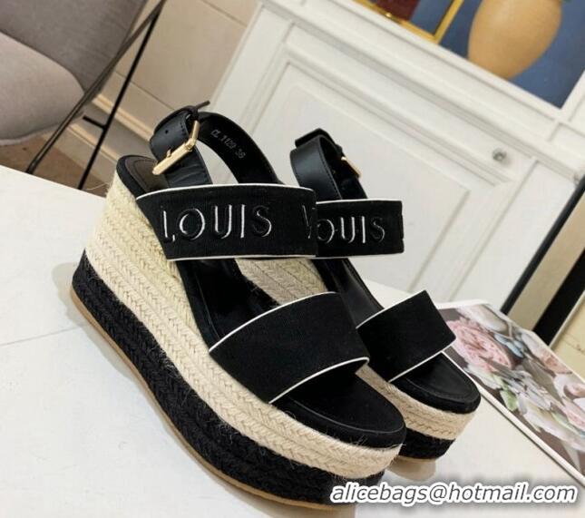 Unique Style Louis Vuitton Starboard Wedge Sandals 10cm in Canvas Black 0320114