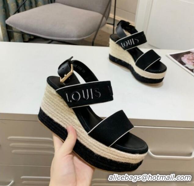 Unique Style Louis Vuitton Starboard Wedge Sandals 10cm in Canvas Black 0320114