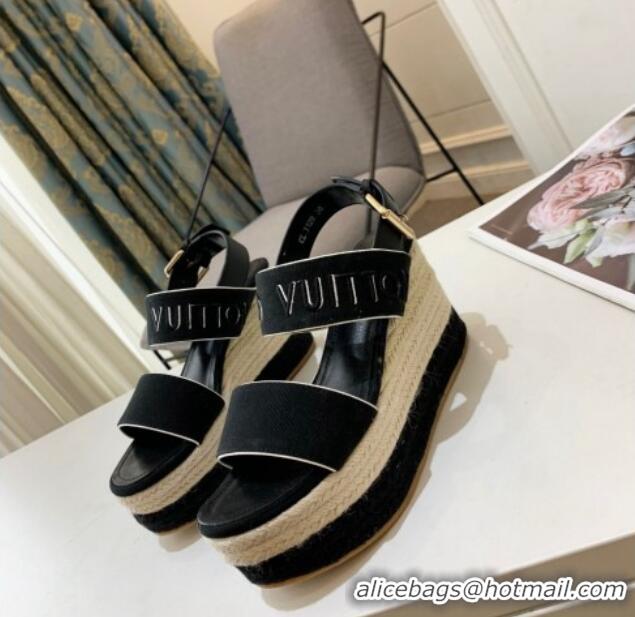 Unique Style Louis Vuitton Starboard Wedge Sandals 10cm in Canvas Black 0320114