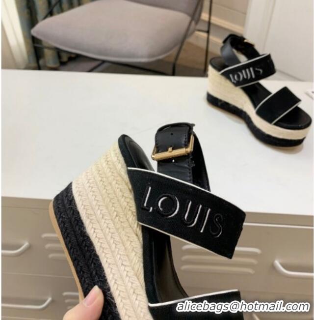 Unique Style Louis Vuitton Starboard Wedge Sandals 10cm in Canvas Black 0320114