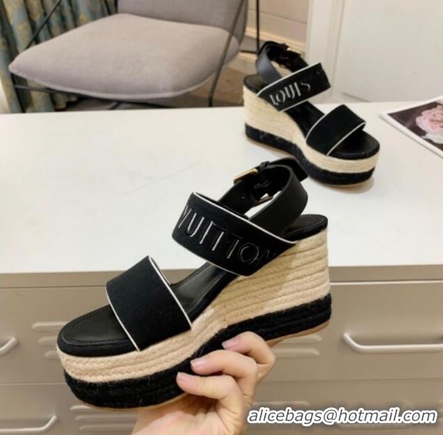 Unique Style Louis Vuitton Starboard Wedge Sandals 10cm in Canvas Black 0320114