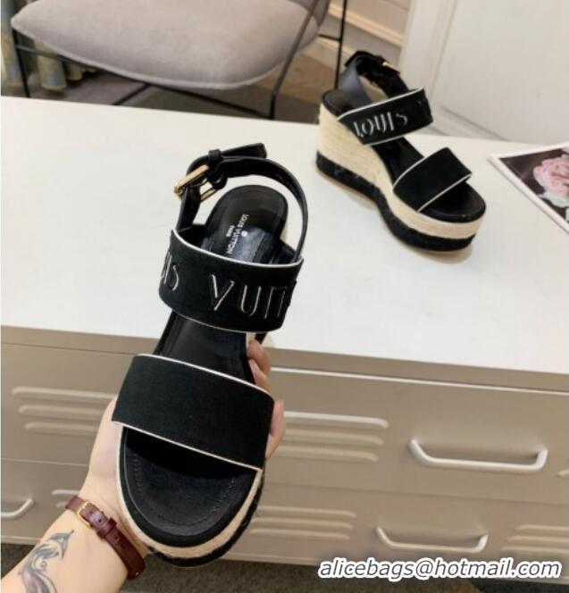 Unique Style Louis Vuitton Starboard Wedge Sandals 10cm in Canvas Black 0320114