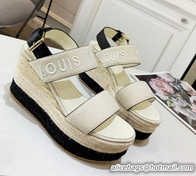 Low Cost Louis Vuitton Starboard Wedge Sandals 10cm in Canvas White 0320116