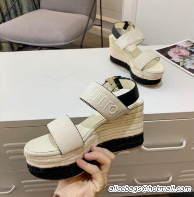 Low Cost Louis Vuitton Starboard Wedge Sandals 10cm in Canvas White 0320116