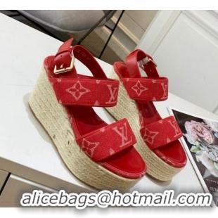 Good Quality Louis Vuitton Starboard Wedge Sandals 10cm in Denim Red 0320117