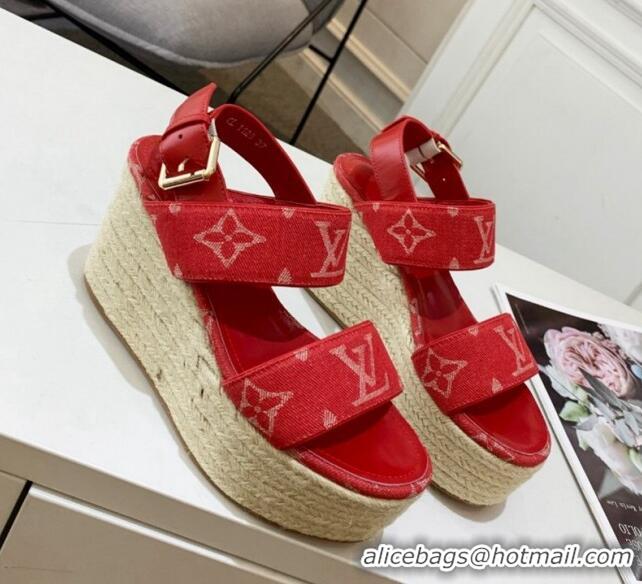 Good Quality Louis Vuitton Starboard Wedge Sandals 10cm in Denim Red 0320117