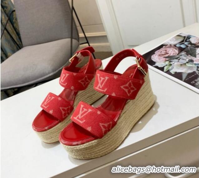 Good Quality Louis Vuitton Starboard Wedge Sandals 10cm in Denim Red 0320117