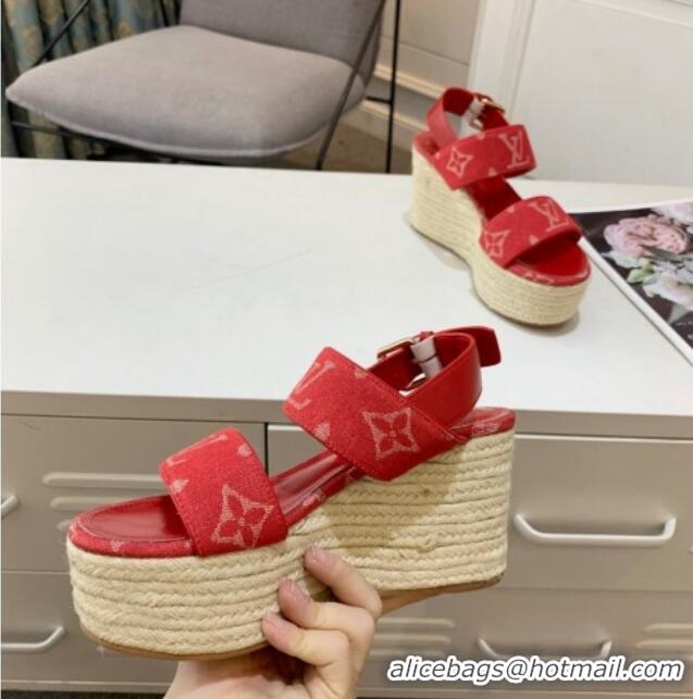 Good Quality Louis Vuitton Starboard Wedge Sandals 10cm in Denim Red 0320117