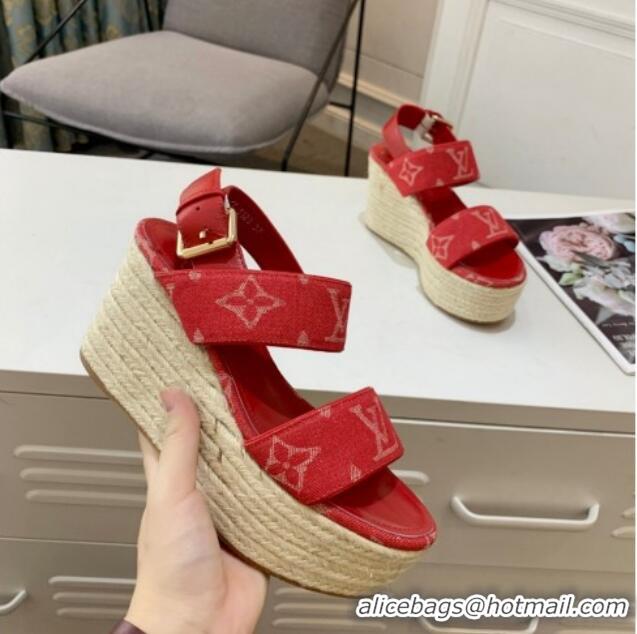 Good Quality Louis Vuitton Starboard Wedge Sandals 10cm in Denim Red 0320117